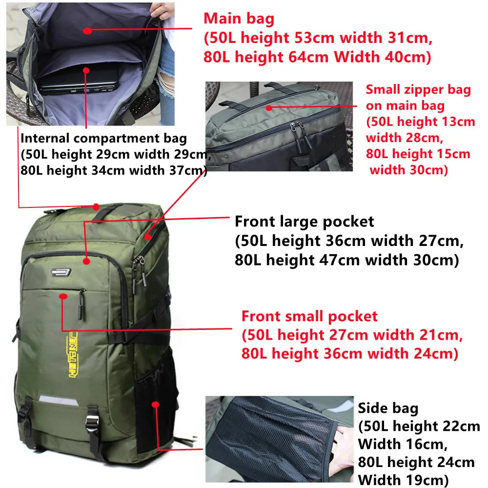School Bags 80L 50L Mens Outdoor Backpack Climbing Travel Rucksack
