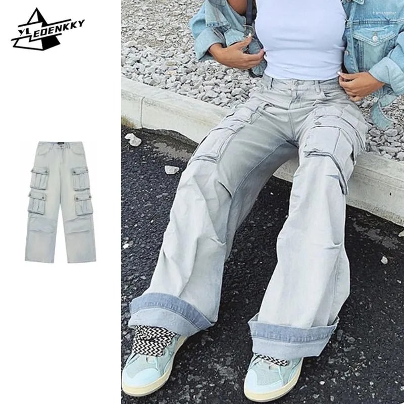 Heren Jeans Wijde pijpen Cargo Heren Dames Hiphop Hoge taille Rechte denim broek Retro Multi-pocket Losse broek Gewassen Verontruste unisex