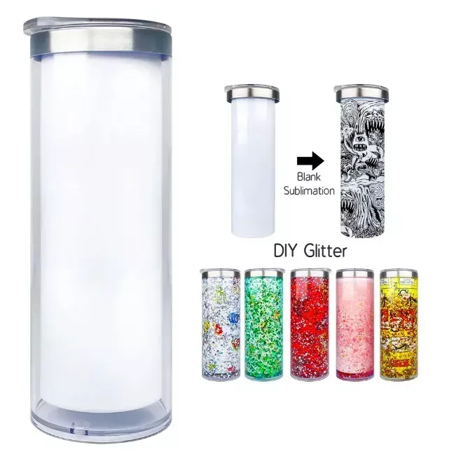 Nya 20 oz vita sublimeringsämnen Diy Glitter Snow Globe 304 Rostfritt stål Staka storyboard Travel kaffemuggar med glidande lock