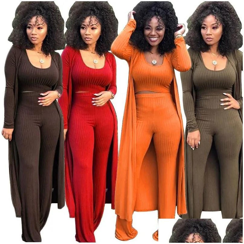 Women'S Two Piece Pants Elegant Strech Three Leisure Suits Rib Knit Palazzo 3 Set Women Tank Top X Long Sleeve Cardigan Coat Cloak O Dhqnj