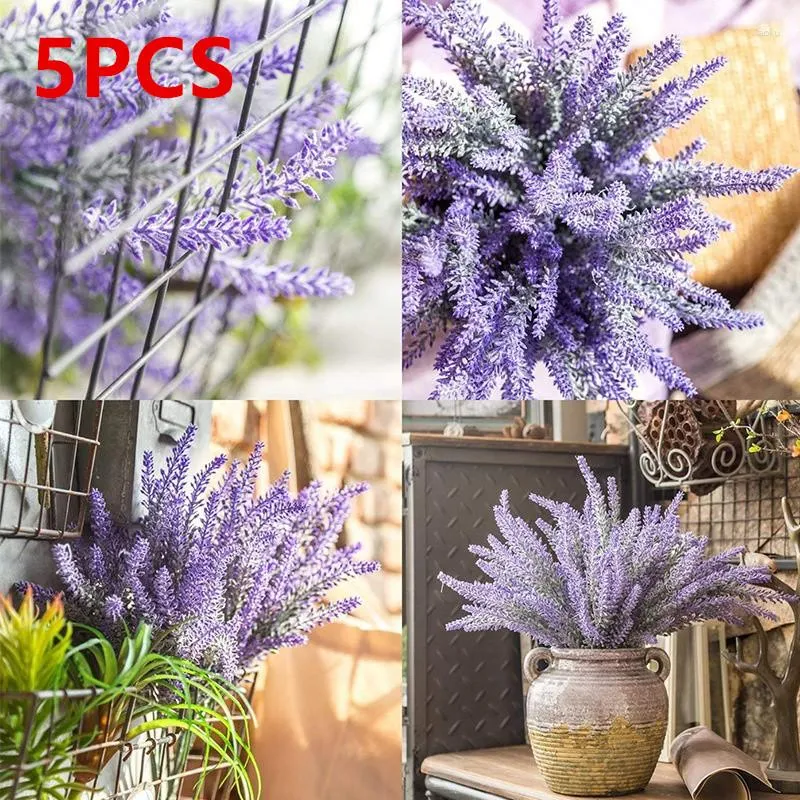 Decorative Flowers Artificial Flocked Plastic Lavender Bundle Fake Plants Wedding Bridle Bouquet Indoor Outdoor Home Kitchen Office Table