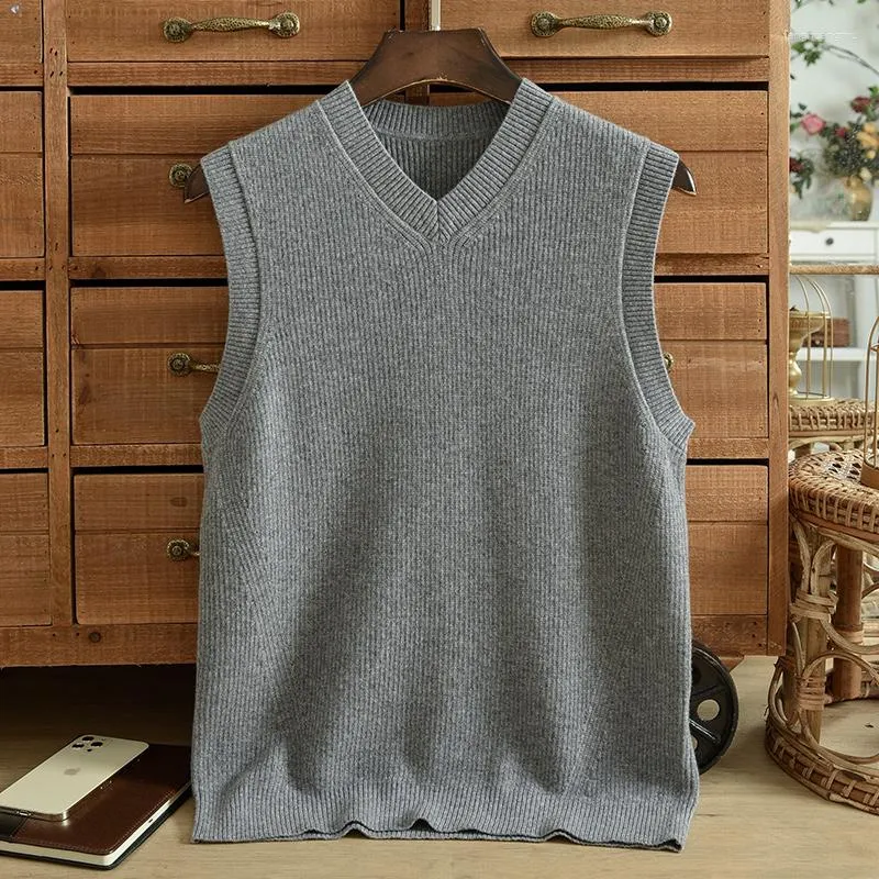 Men's Sweaters Autumn Pure Cashmere Sweater Solid Color V-Neck Pullover Tank Top Casual Middle Age Knitted Sleeveless Large