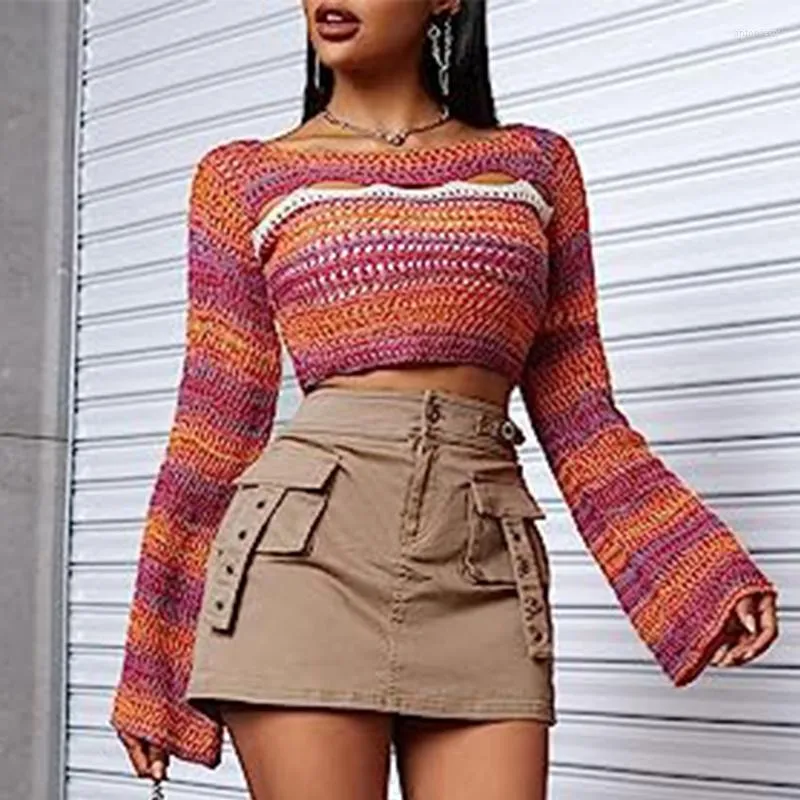 Women's Sweaters Ardm Fashion Womens Y2K Cropped Sweater Hollow Out Color Block Long Sleeve Crochet Crop Tops Auturn Knitwears Pullovers