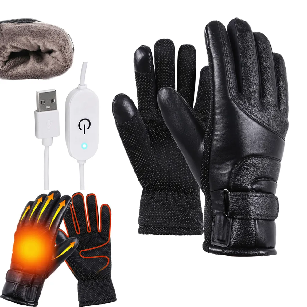 5本の指の手袋12V電気暖房オートバイの手袋PUレザー加熱手袋防水防風暖かい冬のスキー女性女性230906