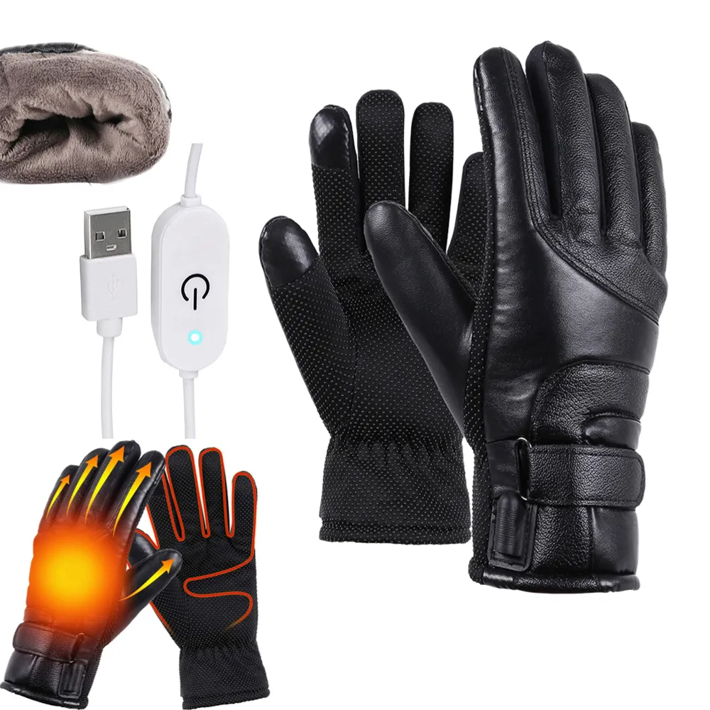 Cinq gants de doigts 12V Glants de moto chauffage électrique PU Cuir Glants chauffés étanches Protection de ski d'hiver chaud au vent étanche pour les hommes 230906