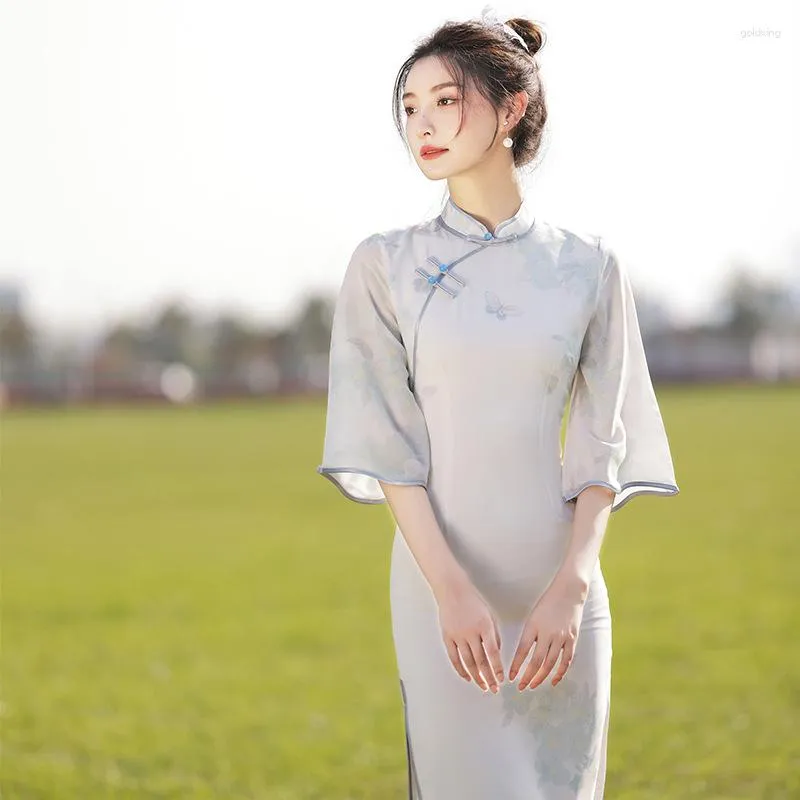 Etniska kläder vinter kort ärm cheongsam stativ krage mode kinesisk traditionell chiffong hög delad qipao