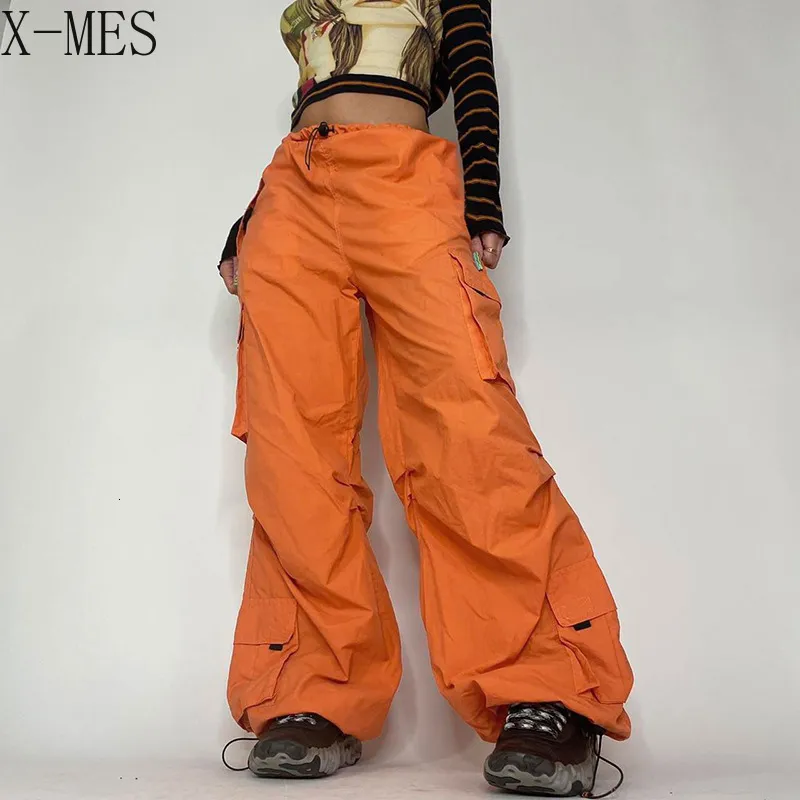 Pantaloni da donna Capris Y2k Arancione Cargo per donna Coulisse ampia Tasche grandi Pantaloni da ragazza a vita alta Chic Lady Streetwear Pantaloni sportivi da jogging 230905