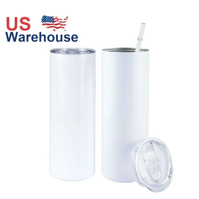 USA/CA magazijn RVS dubbelwandig geïsoleerd sublimatie wit 20 Oz recht mager blanco sublimatie bekers met rietje T0906