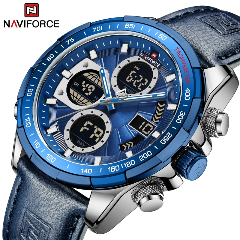 Relógios de pulso Original NAVIFORCE Casual Couro Homens Relógios Esporte 3ATM À Prova D 'Água LCD Display Relógio Cool Dial Masculino 230905