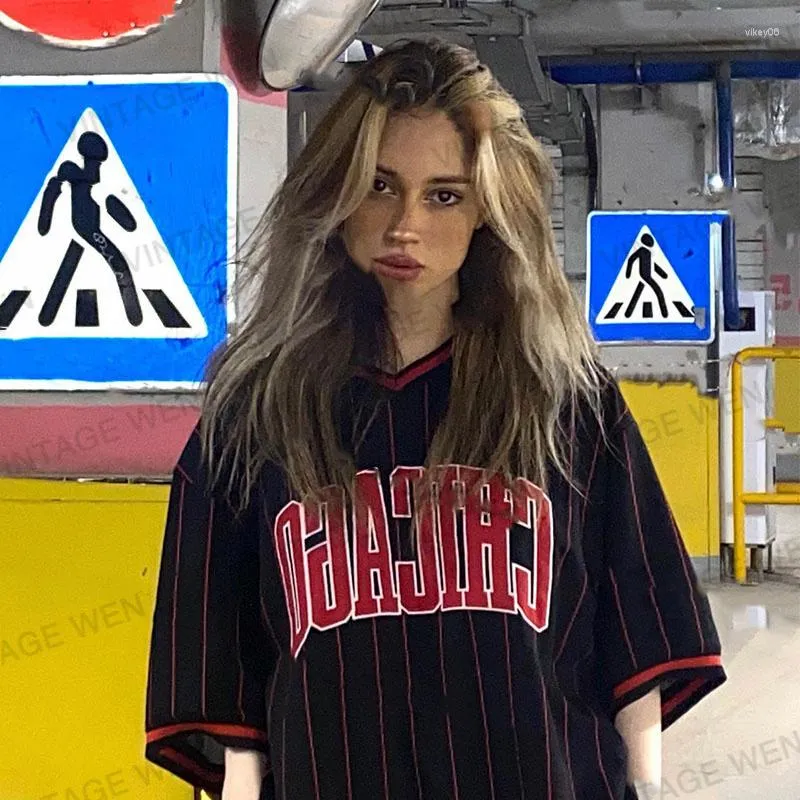 Magliette da donna Estate Nera con stampa di lettere Camicia da baseball Hip Hop Manica corta Uniforme Vintage Streetwear Top