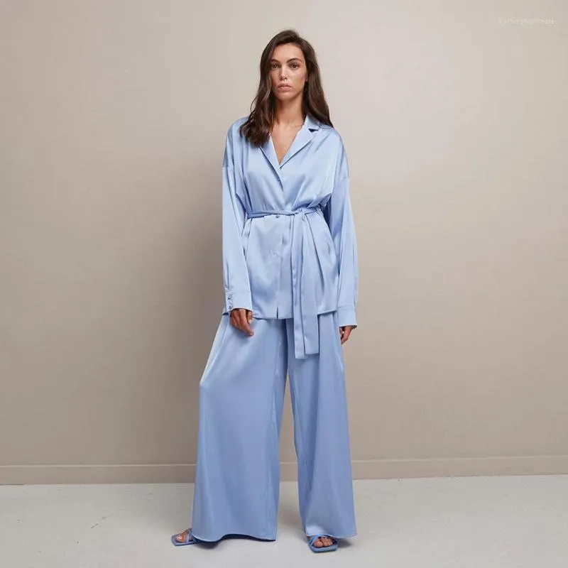 Women's Sleepwear Women Satin Pajama Set Elegent Glossy Loungewear Silk-like Long Sleeve Robe & Loose Pants Nightwear Ladies Homewear
