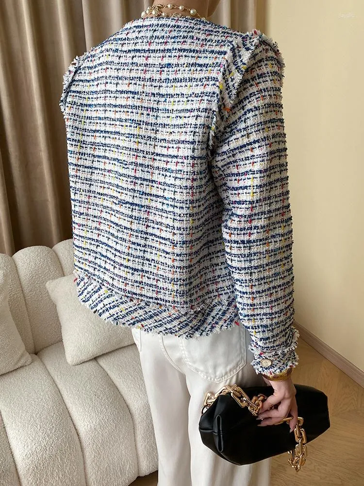 Women's Loose Tweed Jacket: Elegant Blue Big Size Coat for Spring and Autumn Women's Loose Tweed Jacket: Elegant Blue Big Size Coat for Spring and Autumn