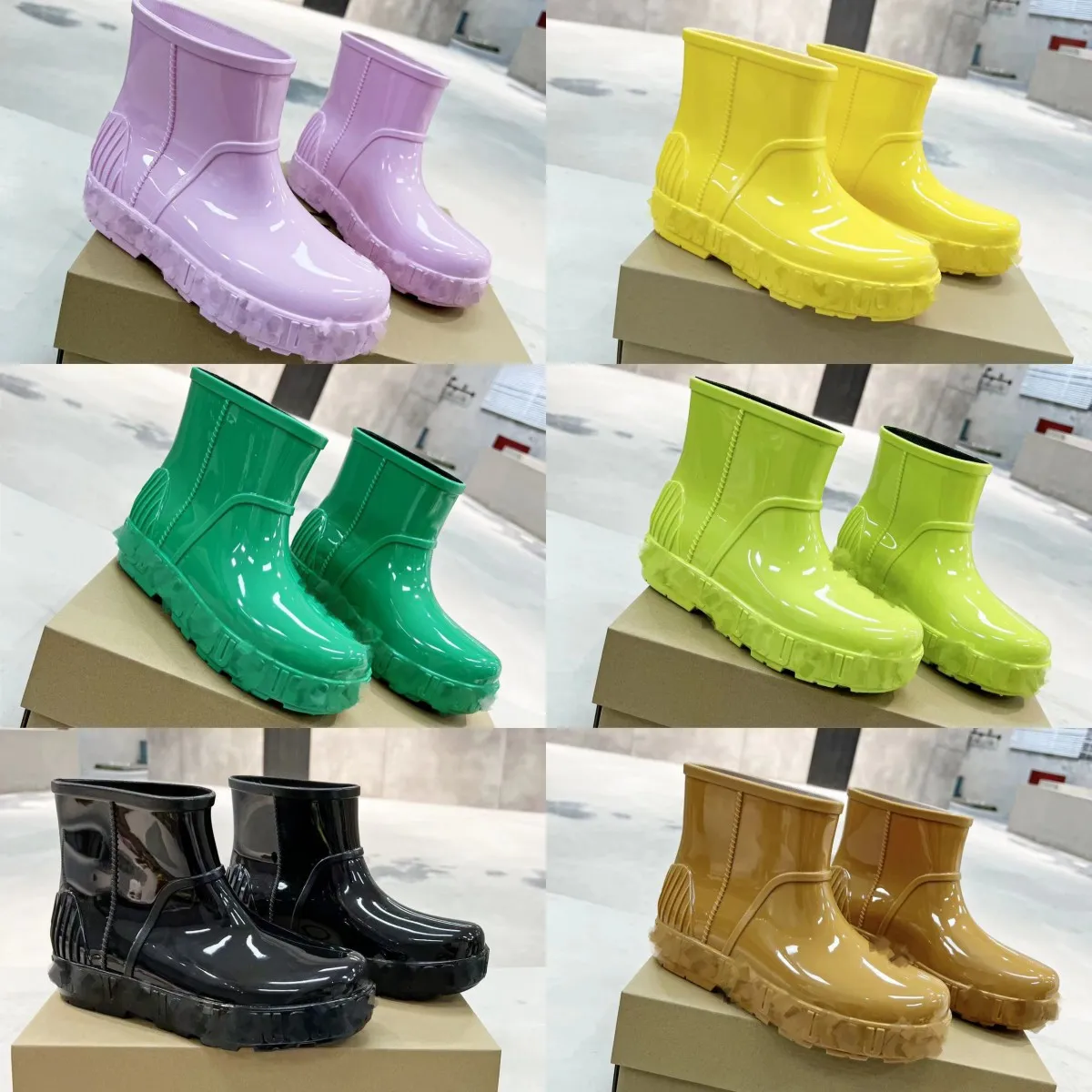 Droppvattentät gummiull Intersula Rain Boots For Women Australian Boot Uggglies Booties Ankel Kort vinter Varm Rainboot Ouutdoor Skor loafer -tränare