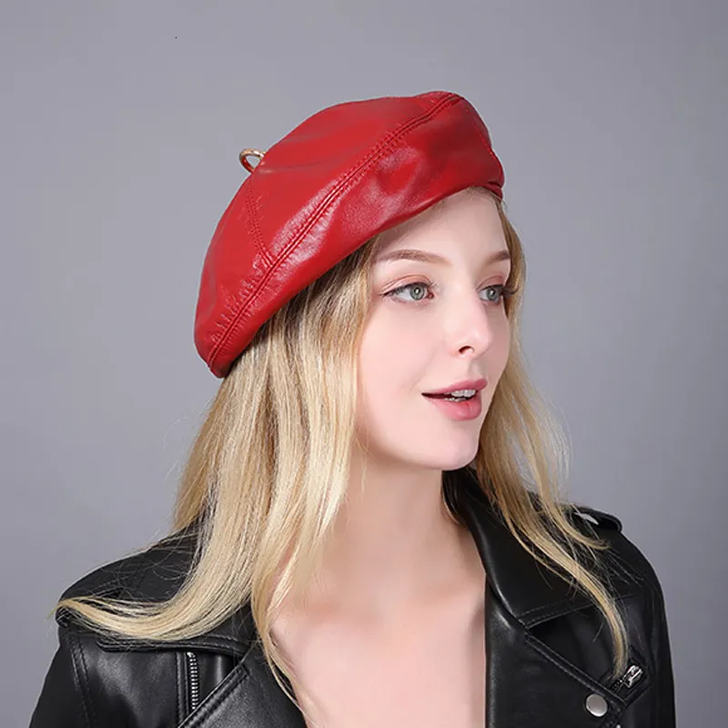 Berets Topi Baret Kulit Asli Wanita Topi Pelukis Labu Eropa Mode Musim Semi 2023 Warna Pelangi Putih Merah 230905