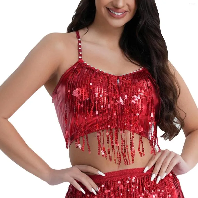 Fashion Glitter Belly Dance Camisole Tops Sequins Tassel Bra Tops Costume 