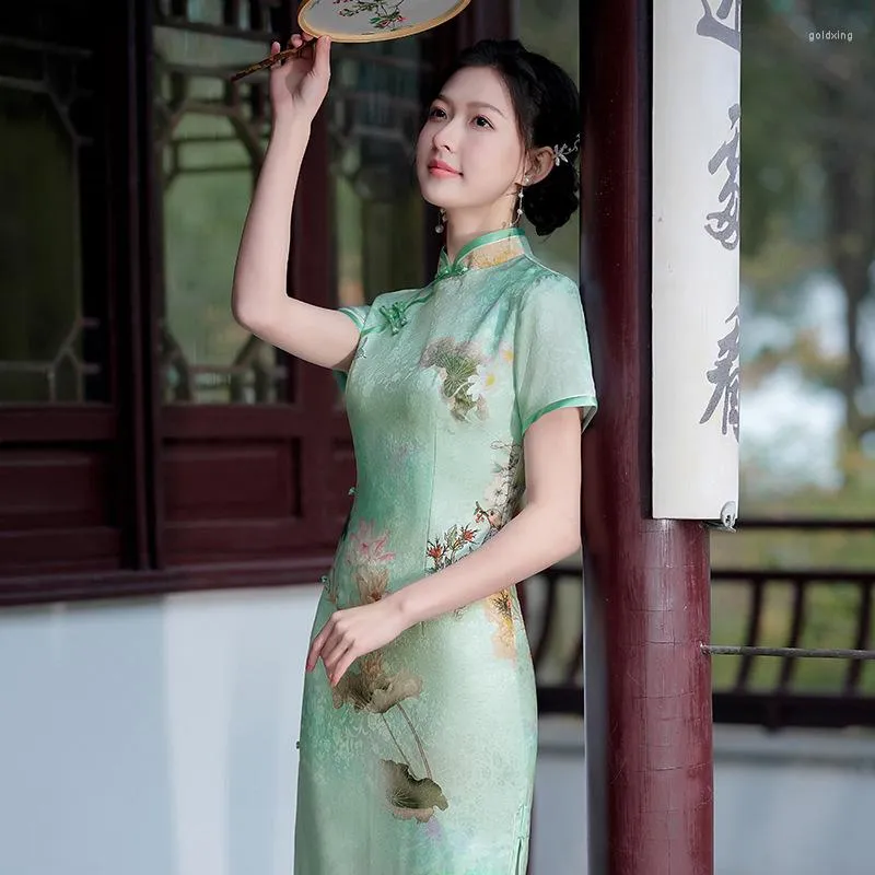 Etnisk kläder sommar blommig långgrön förbättrad cheongsam elegant söt prestanda kinesisk traditionell stil kvällsklänning qipao för