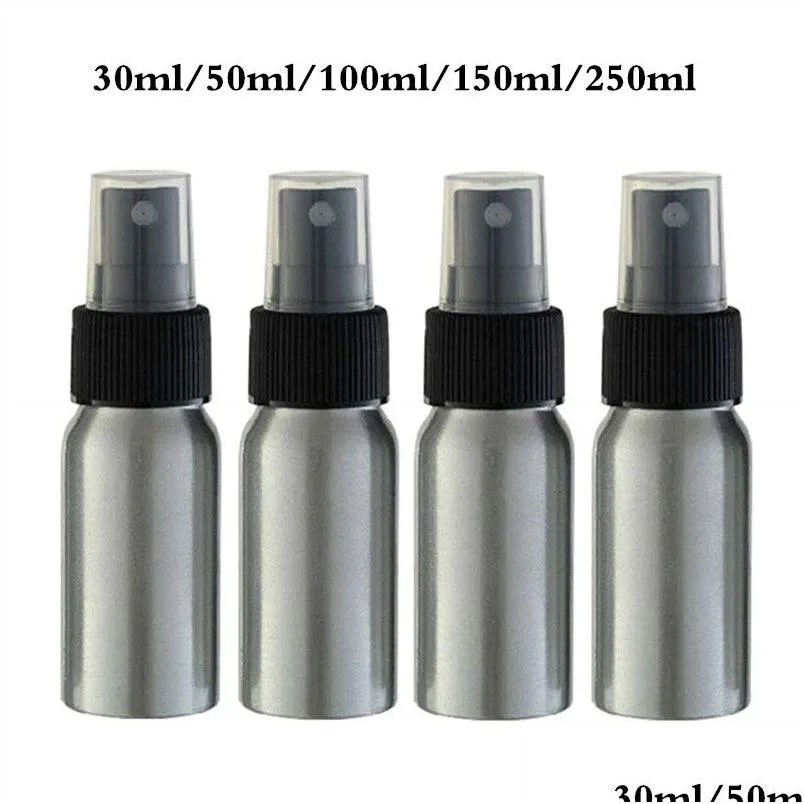 Verpackungsflaschen Großhandel 30 ml 50 ml 100 ml 250 ml Aluminium leerer Zerstäuber nachfüllbar pro Reisesprühflasche mit weißer / schwarzer Kappe