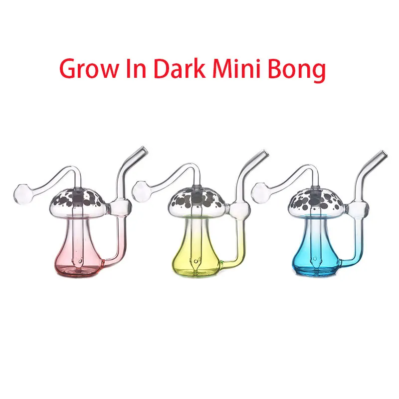 Mini cogumelo Bong de vidro que brilha no escuro luminoso 10mm fêmea conjunta Dab Rig Tubo de água de vidro com tigela de queimador de óleo borbulhador