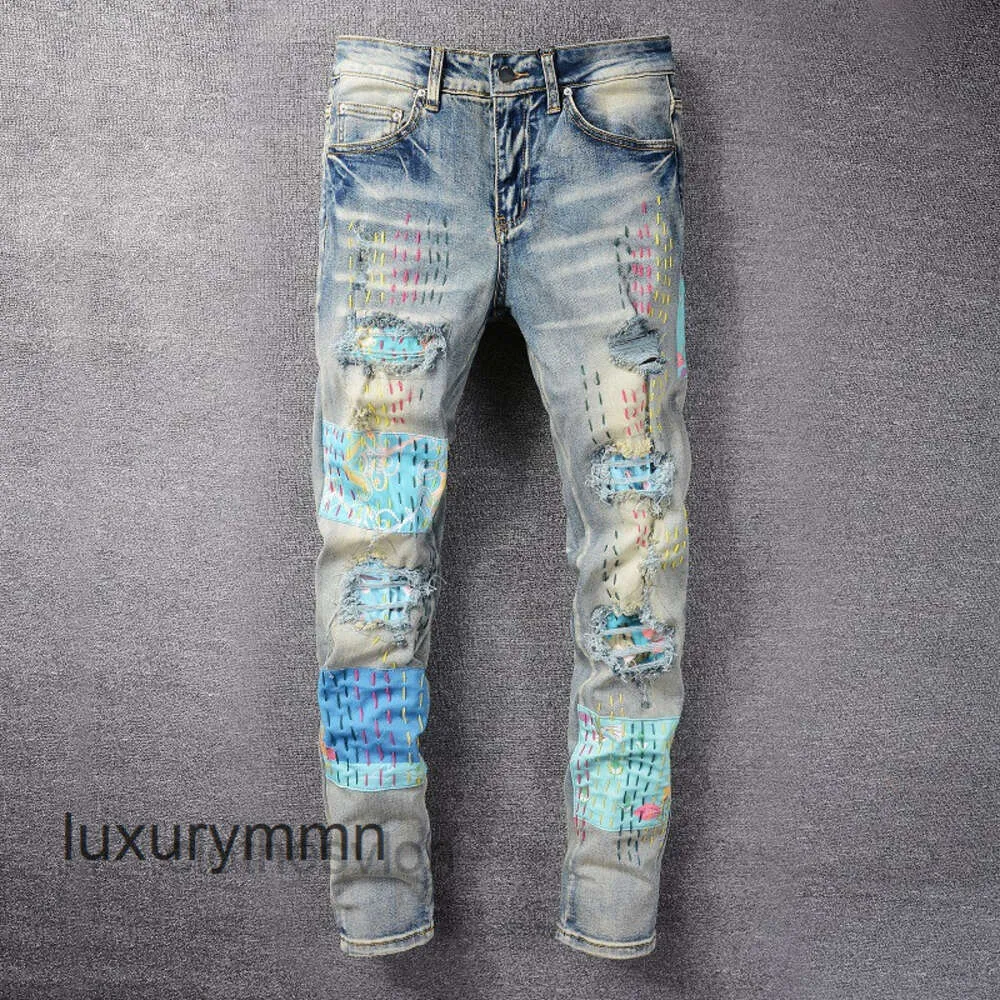 Jeans Amirrs T-shirts Designer 2023 Jean Casual Hip Hop Usé et lavé Splash Encre Couleur Peinture Slim Fit Hommes 96G8