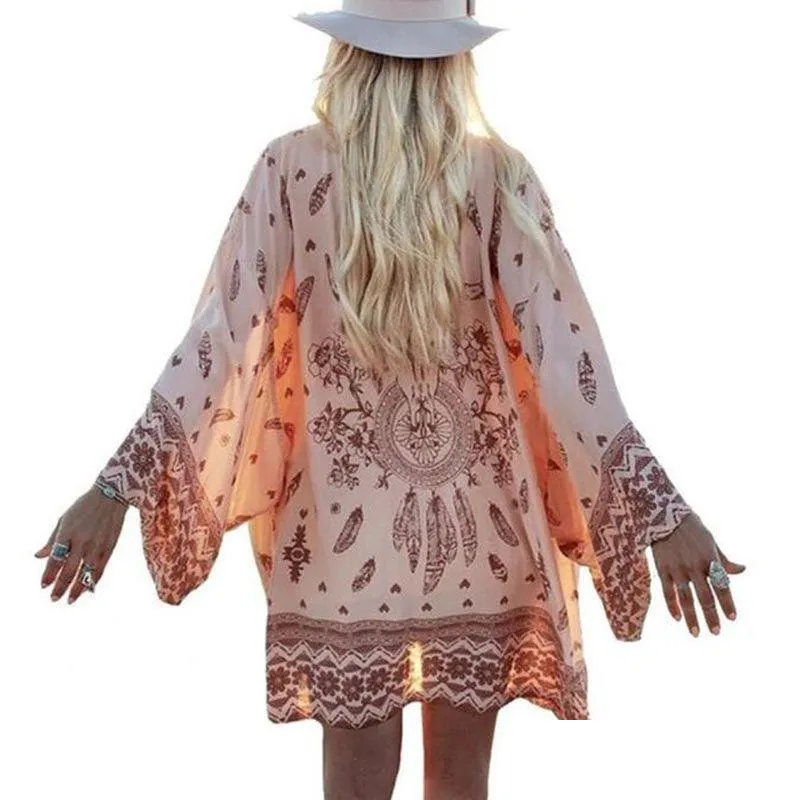 Women'S Blouses Shirts Women Summer Chiffon Blouse Beach Boho Kimono Cardigan Floral Printed Long Sleeve Casual Loose Er Up Drop D Dhi7G