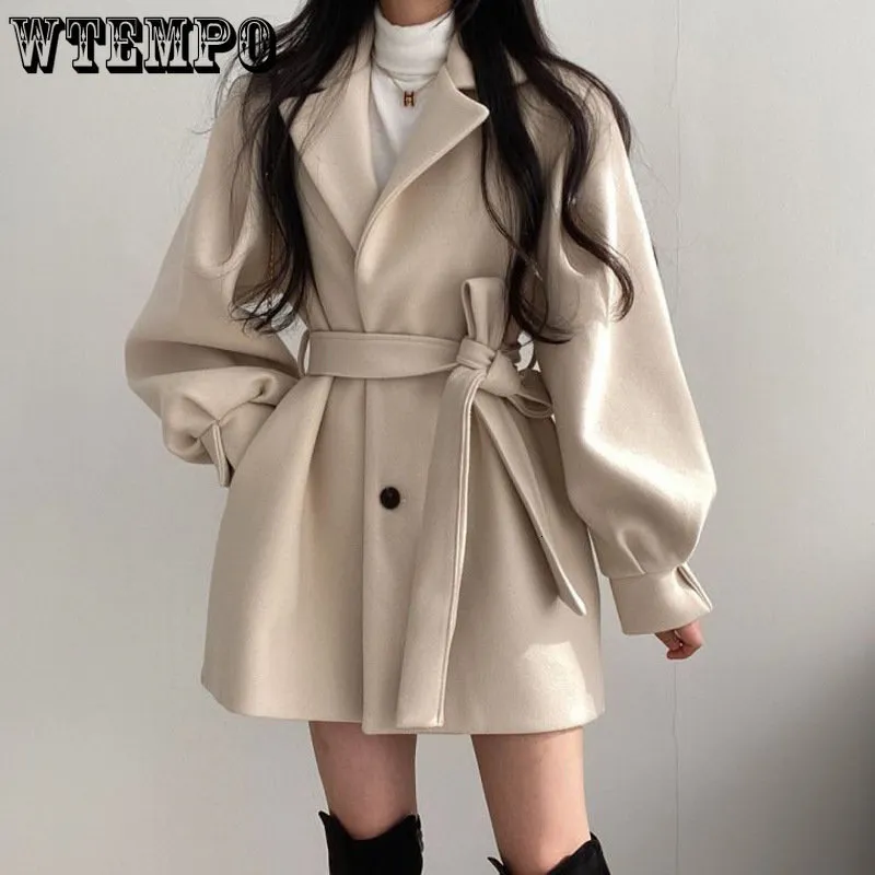 Misto lana da donna Soprabito di media lunghezza Blazer Colletto Cappotto di lana Giacca invernale con cintura da donna Nicchia Cappotto vintage allentato moda Trench solido 230906