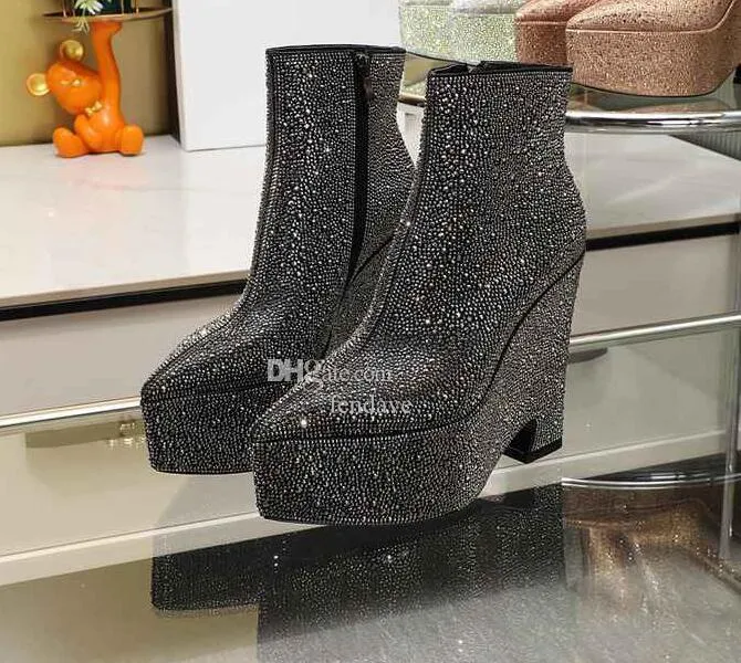 5A Boots VS 8179460 Diamonds Wedge 14.5cm High Heels 6cm Platform Ankle Boot Discount Desinger Shoes For Women Size 35-42 Fendave