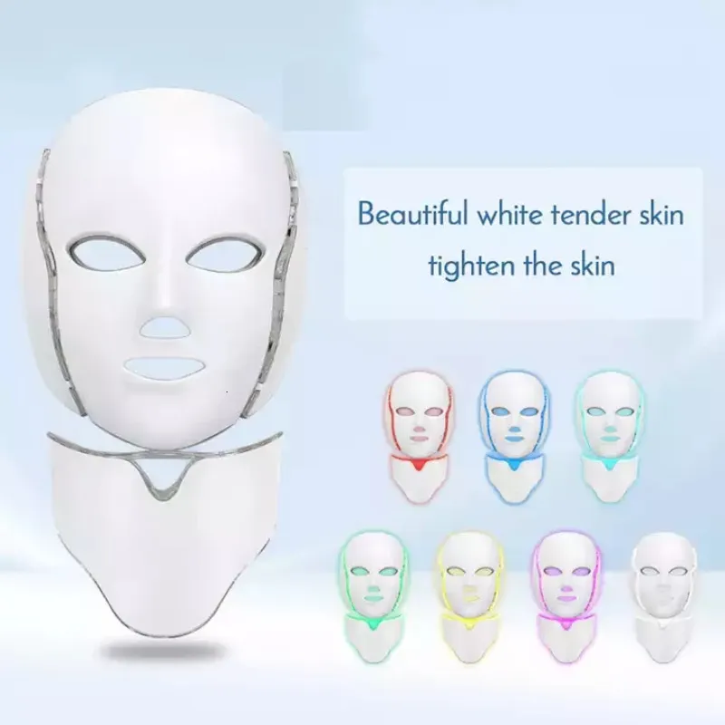 Ansiktsvårdsenheter LED PON 7 Färgmask Skin Rejuvenation Therapy Neck Anti-Wrinkle Age Machine Whiten Reparation Beauty Care Massage Tools 230905