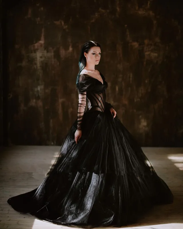 black halloween wedding dress Black Flowy A Line Sweetheart Neck Wedding Gown Soft Tulle Halloween W –  SheerGirl main image 0