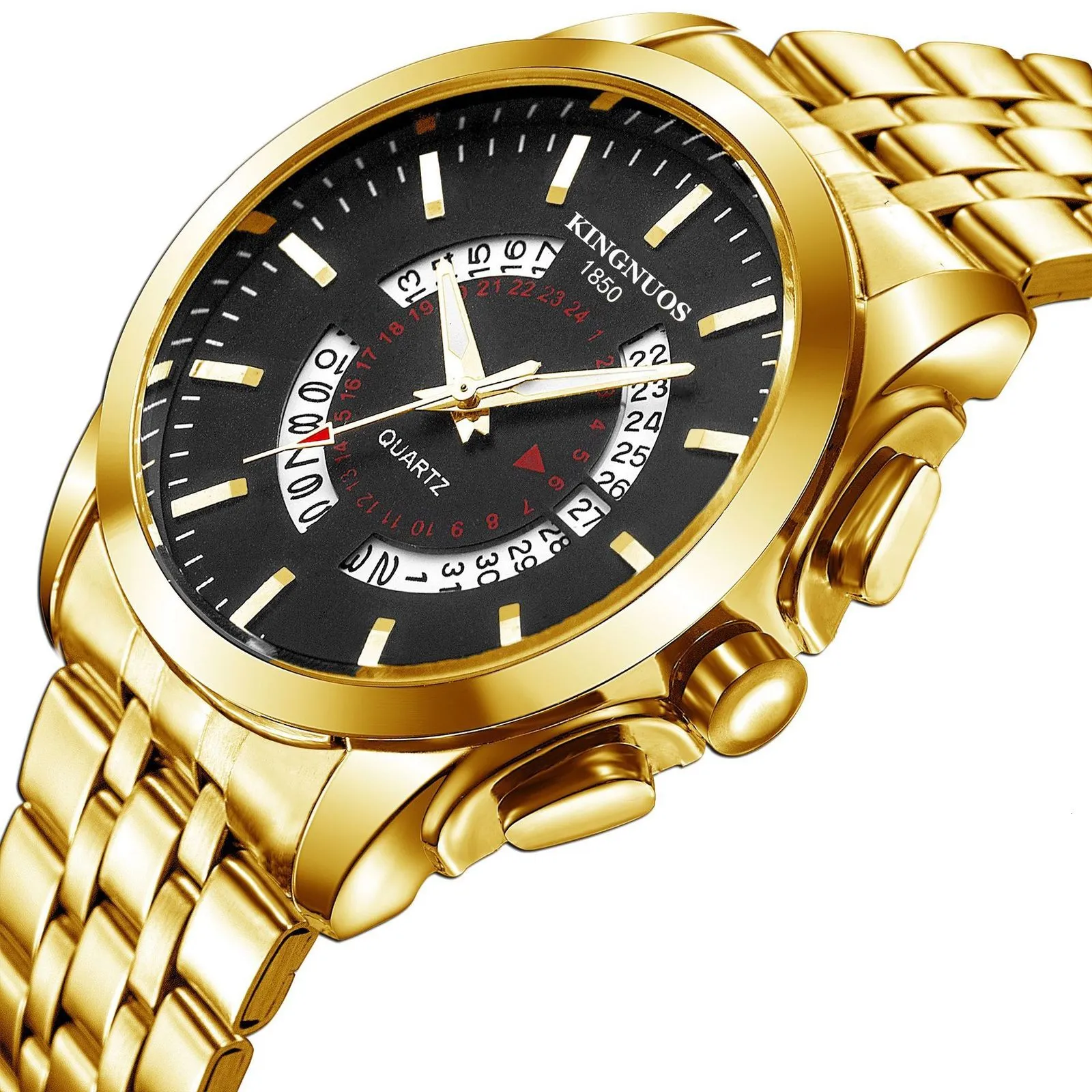 Horloges Conceptueel horloge voor heren Quartz-horloge Ongebruikelijke wijzerplaat Goud Zwart Klok Mannelijke zakenman Roestvrij stalen bandhorloges 230905