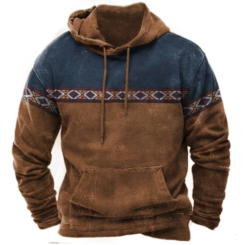 Herrtröjor tröjor vintage mäns hoodies casual etnisk tryckt huva tröja vinter mode western cowboy överdimensionerade män streetwear hoodie 230905