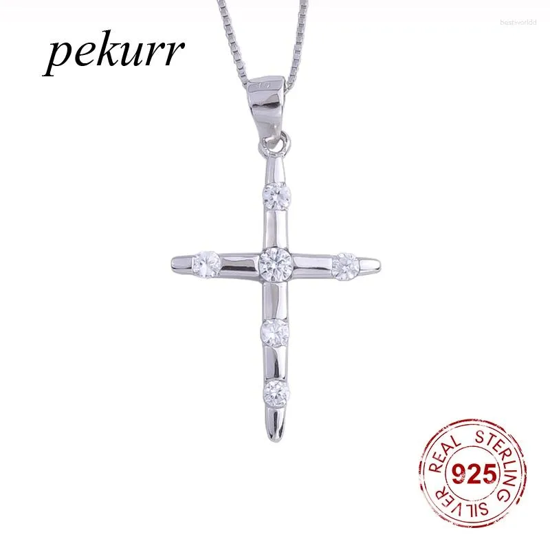 Chaînes Pekurr 925 Sterling Silver 6 Zircon Gems Big Cross Colliers pour femmes Femme Pendentifs Longue chaîne Collier Fine Bijoux