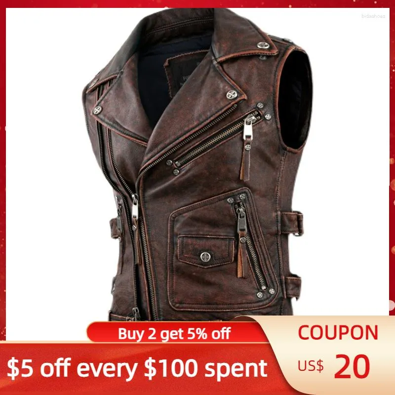 Men's Vests 2024 Vintage Brown Genuine Leather Vest Men Motorcycle Style Plus Size 5XL Real Natural Cowhide Autumn Slim Fit Short Biker Coat