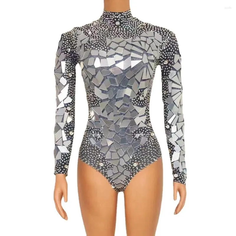 Stage Wear Sparkly Silver Strass Miroirs Justaucorps Fête d'anniversaire pour femmes Costume de danse Bar Show Body Performance