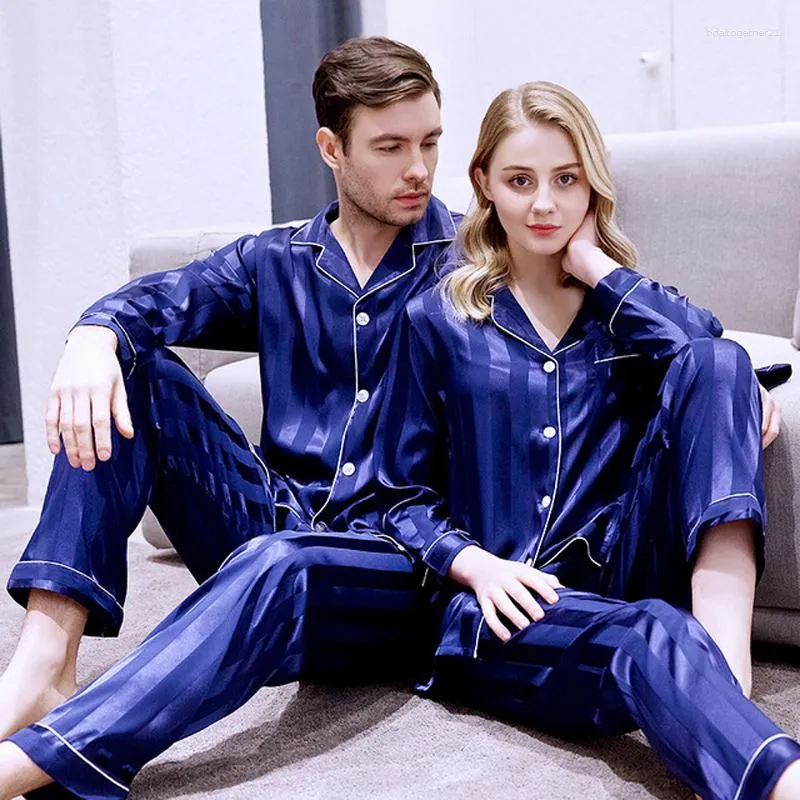 Vêtements de nuit pour femmes Couple 2PCS Pyjamas Casual Peignoir rayé Soyeux Satin Automne Pyjama Costume De Mariée Cadeau De Mariage Sexy Lingerie Intime