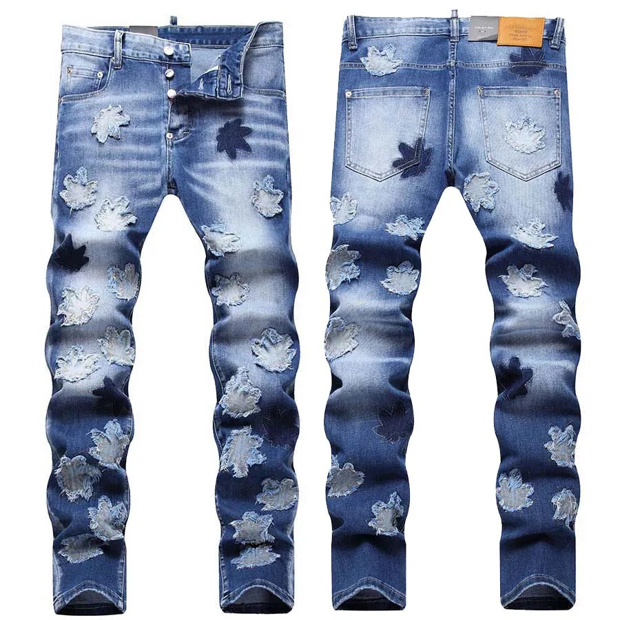 Byxor blad lapp jeans män hip hop män överlägsen smal fit rak byxa mens high street casual byxor stor storlek 28-42