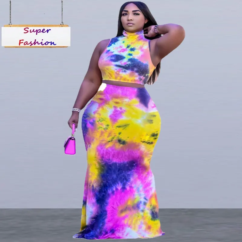 Survêtements de grande taille pour femmes XL5XL Ensemble de vêtements d'été Sexy Tie Dye Haut sans manches et jupe longue 2 Ensemble de deux pièces Costume de robe en gros 230905