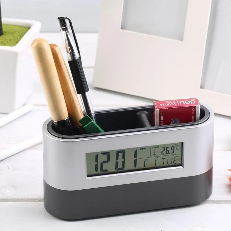 Relógios de mesa multifuncional home office digital snooze despertador caneta titular calendário temperatura display preto azul boa qualidade grátis