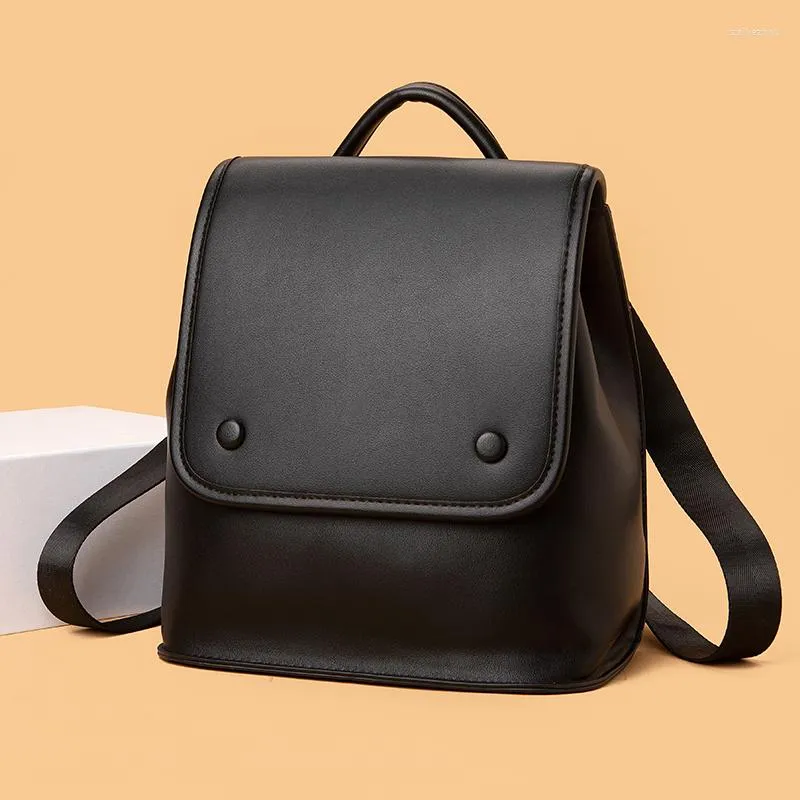 School Bags Women's Black Small Backpack Delicate Square Flap Ladies Students Knapsacks Pu Leather Female Aesthetic Original Rucksack