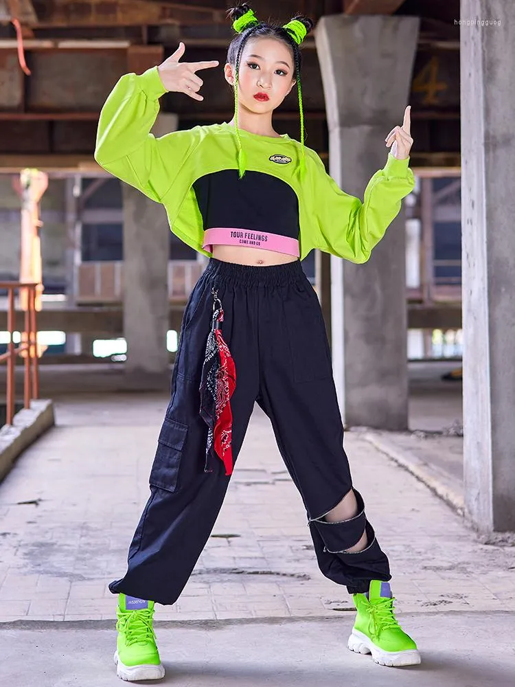 Scenkläder 2023 Hip Hop Dance Costume Girls Green Crop Tops Black Sweatpants Long Hleeves Jazz Performance Clothes Rave Streetwear BL9505