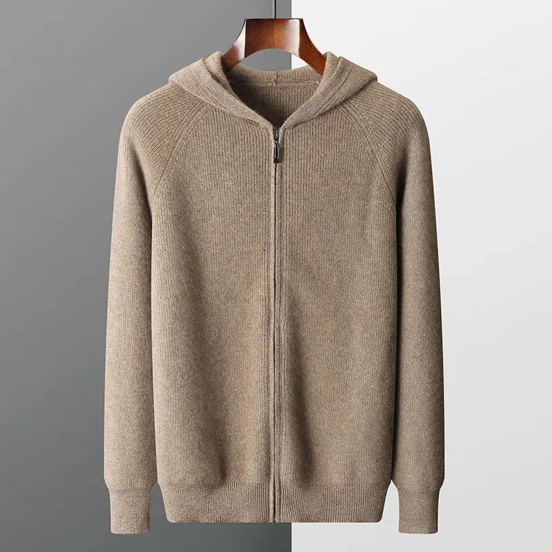 Mens Sweaters Hooded Cardigan Autumn and Winter Thickened Knit Largesize Jacket 100% Merino Wool Casual Long Sleeved Sportswear Coat 230905