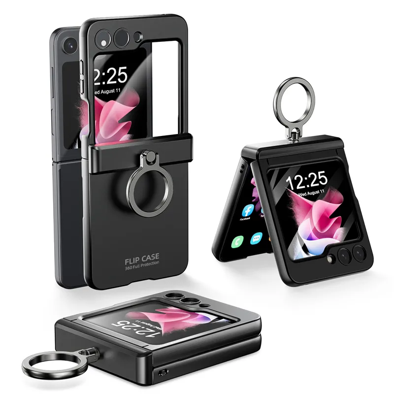 Funda de teléfono Vogue mate con bisagra magnética de lujo para Samsung Galaxy Z plegable Flip5 5G Soporte delgado para anillo de dedo Protección completa Membrana de parachoques suave Kickstand Fold Shell