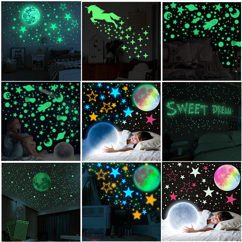 Colorful Moon Luminous Wall Stickers Glow In The Dark 3D Bubble Fluorescent Star Wall Sticker For Home Kids Room Wall Art Decals