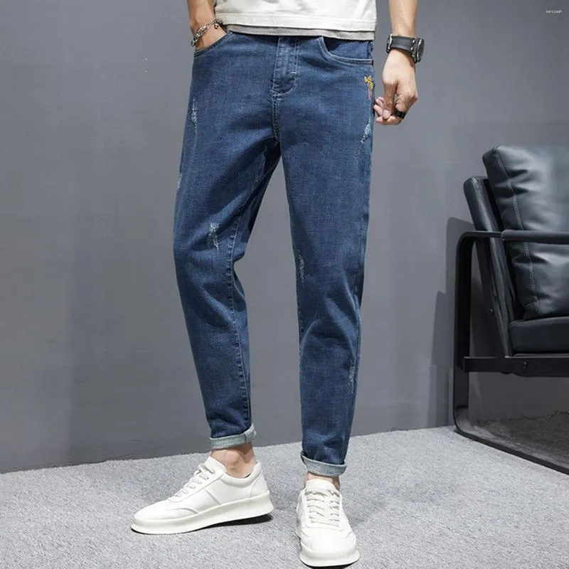 Herr jeans casual man nio poäng byxor broderi tryckning lös denim med fickbyxor herr designer kläder