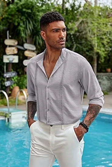Linen Guayabera Shirt Mens Fashion Tracksuits Summer Beach
