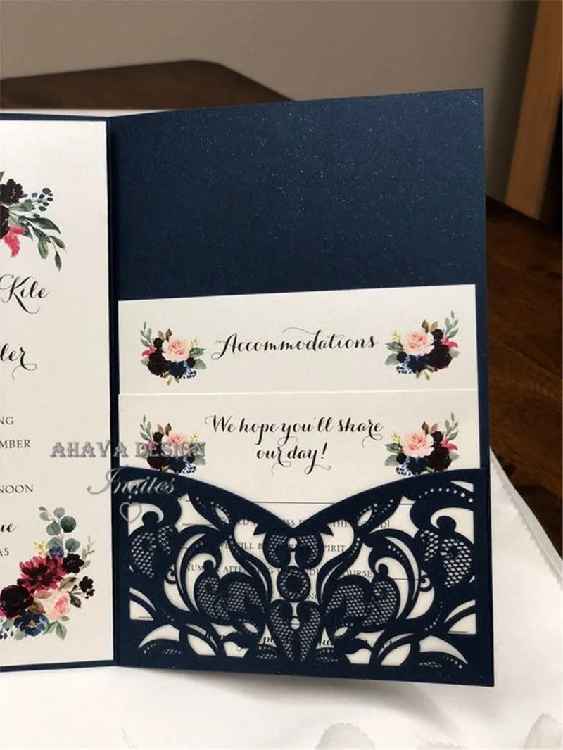 Gorgeous Navy Lace Tri-Fold Laser Cut Wedding Invitations Pocket Wedding invitation Die Cut Laser Cut Shimmer Jacket With RSVP Card