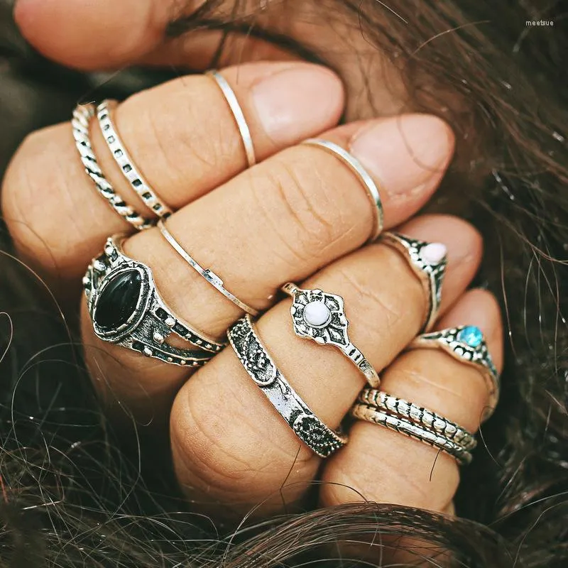 حلقات الكتلة 12pcs/مجموعة عتيقة النساء بوهو ميدي في إصبع الهدية المجوهرات مجموعة خاتم الهدايا