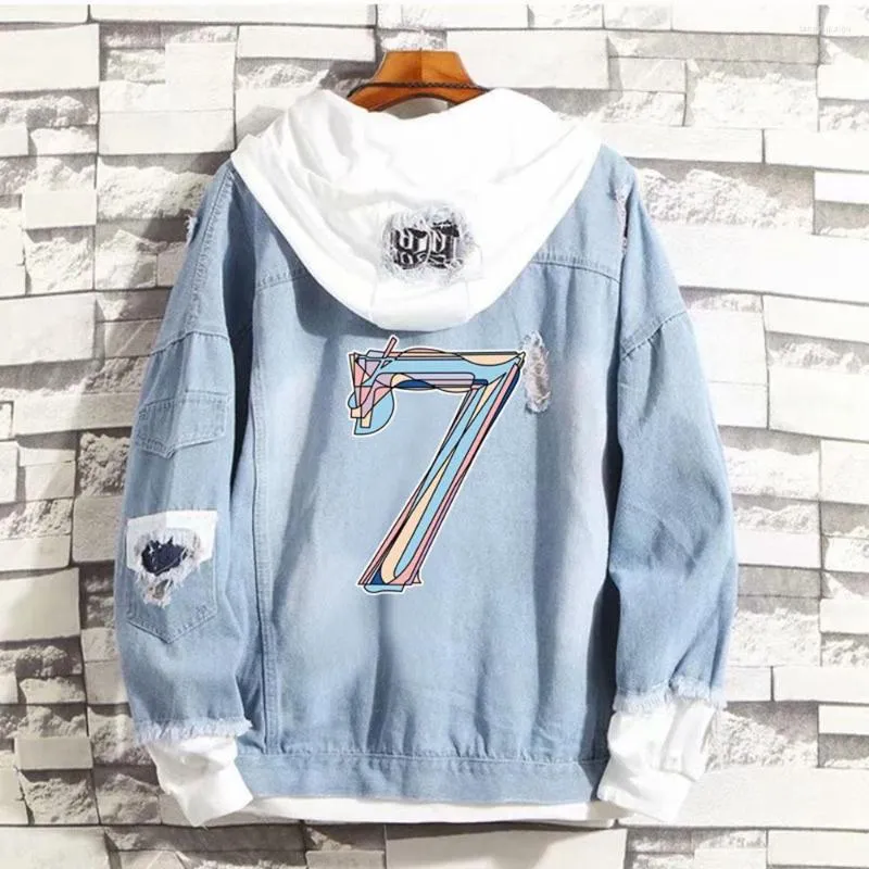 جاكيتات الرجال Kpop Seven 7 Jack in the Box Pattern Tops Autumn Denim Stack