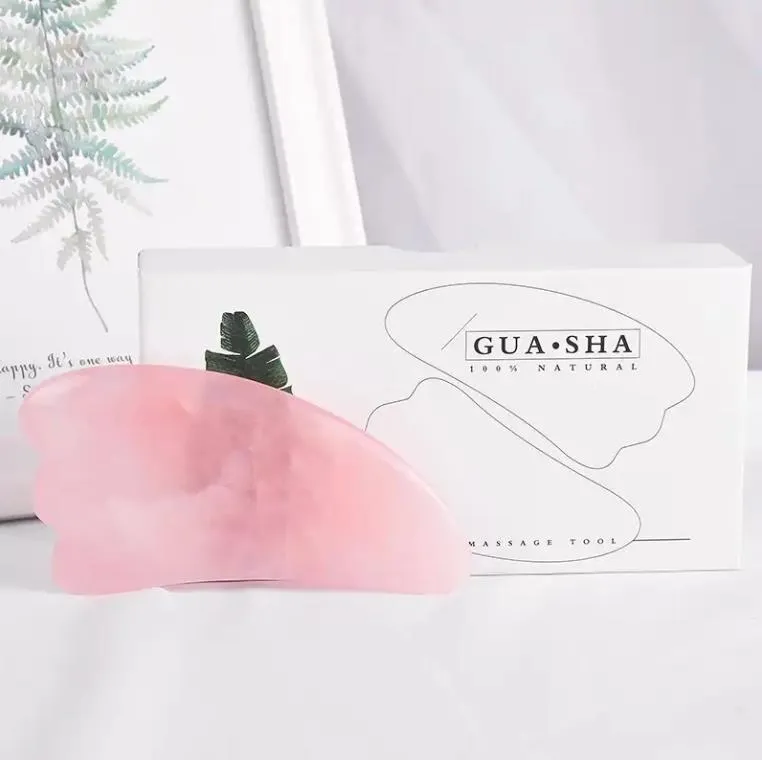 Vero quarzo rosa Gua Sha Strumenti per il viso Strumento per massaggio con pietra di giada naturale per raschiare il viso SPA Riducendo gonfiore, rughe, linee sottili, circolazione della pelle