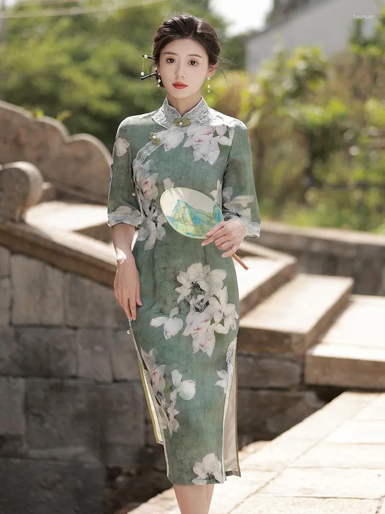 Ethnic Clothing FZSLCYIYI Summer Flare Sleeve Mandarin Collar Mid-Length Cheongsam Traditional Printed Satin Chinese Clothes Women Qipao