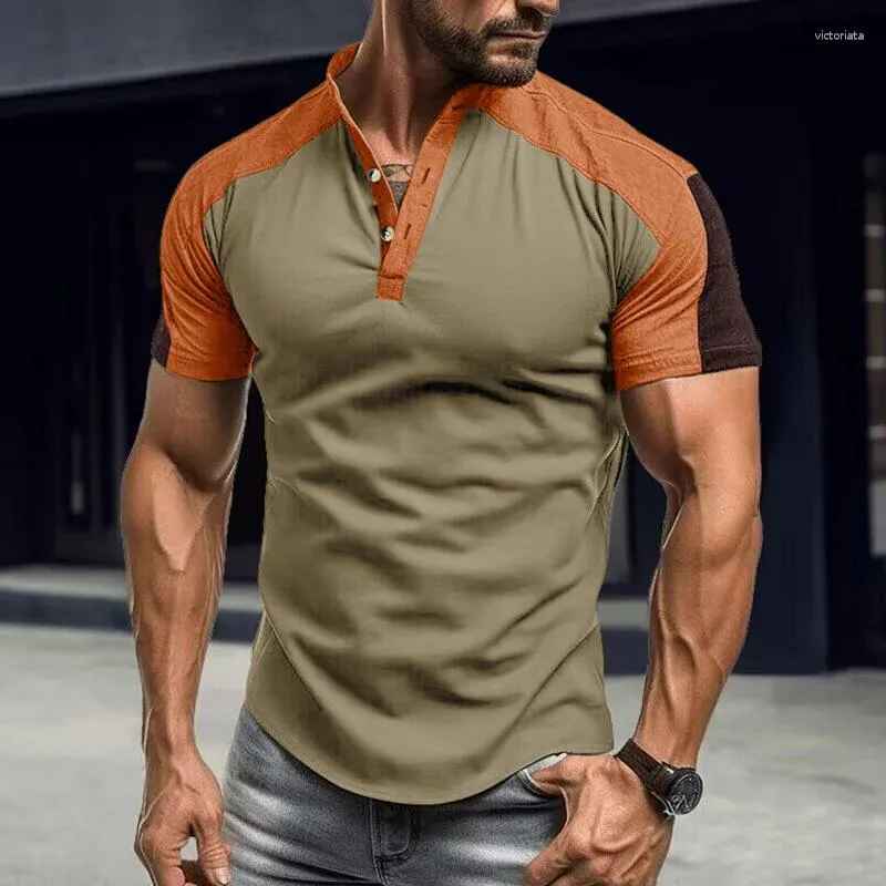 Erkekler Tişörtleri Amerika Tarzı Yaz Moda Erkekler Kontrast Renk Patchwork Kısa Kollu Henrry T-Shirt Stant Yaka Temel Tee Slim Fit Sport
